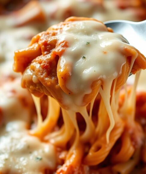 Baked Ziti Recipes with melty cheese being served from a baking dish