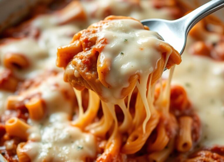 Baked Ziti Recipes with melty cheese being served from a baking dish