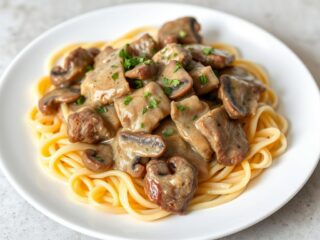 Beef Stroganoff served over egg noodles with a creamy mushroom sauce