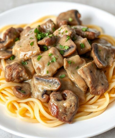 Beef Stroganoff served over egg noodles with a creamy mushroom sauce