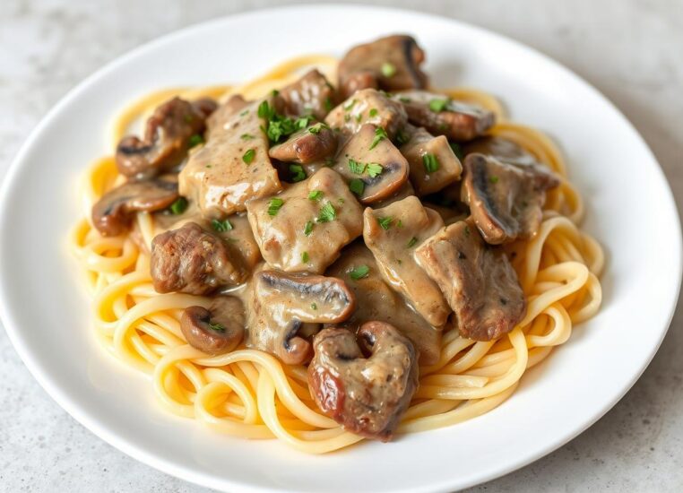 Beef Stroganoff served over egg noodles with a creamy mushroom sauce