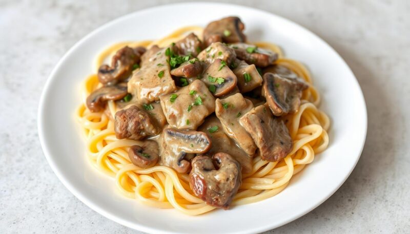 Beef Stroganoff served over egg noodles with a creamy mushroom sauce
