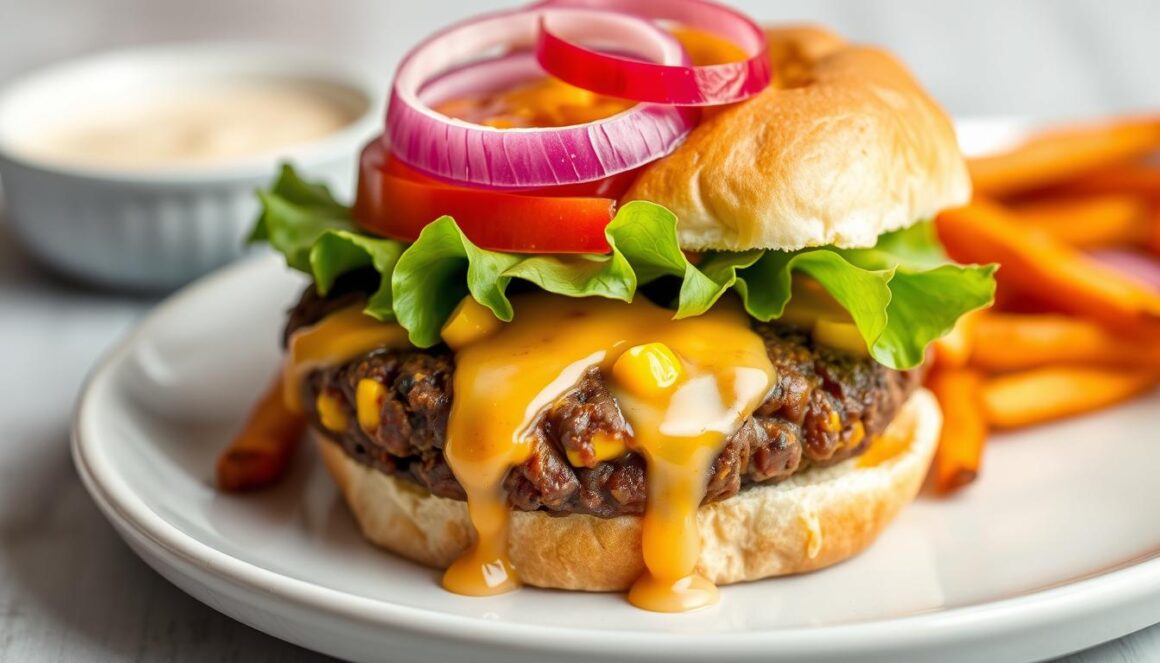 Black bean burger on a bun with toppings and a side of sweet potato fries