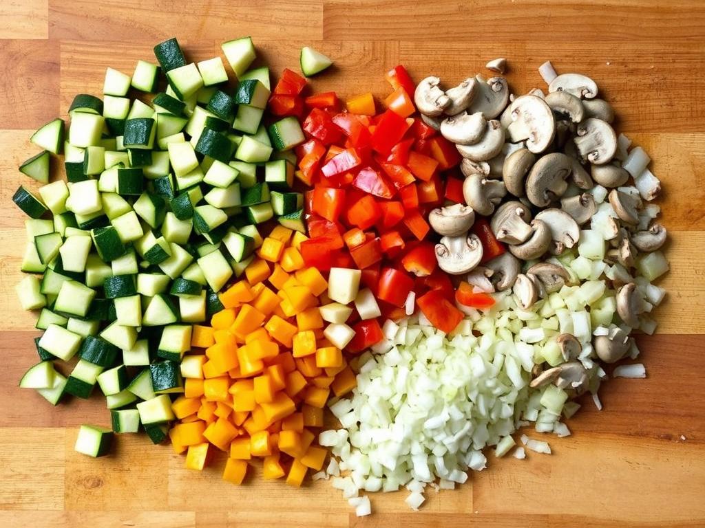 Chopped vegetables for vegetarian lasagna on a cutting board Chopped vegetables for vegetarian lasagna on a cutting board