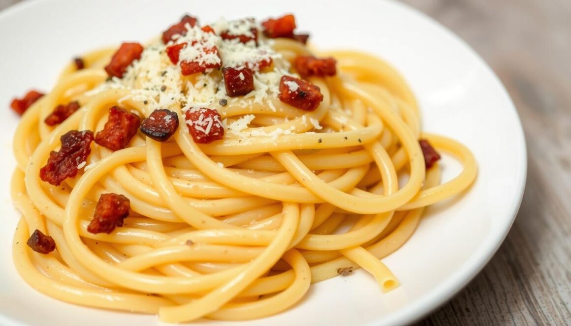 Classic carbonara pasta with crispy bacon bits and black pepper on top