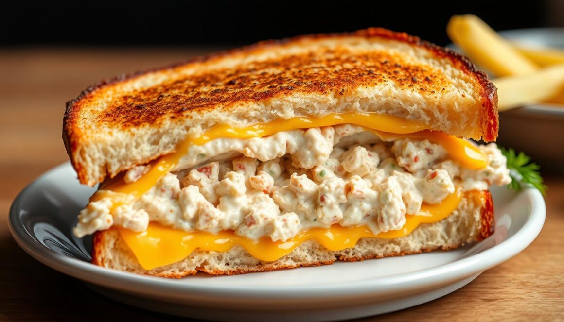 Close-up of a golden brown tuna melt sandwich cut in half showing melted cheese and tuna filling Close-up of a golden brown tuna melt sandwich cut in half showing melted cheese and tuna filling