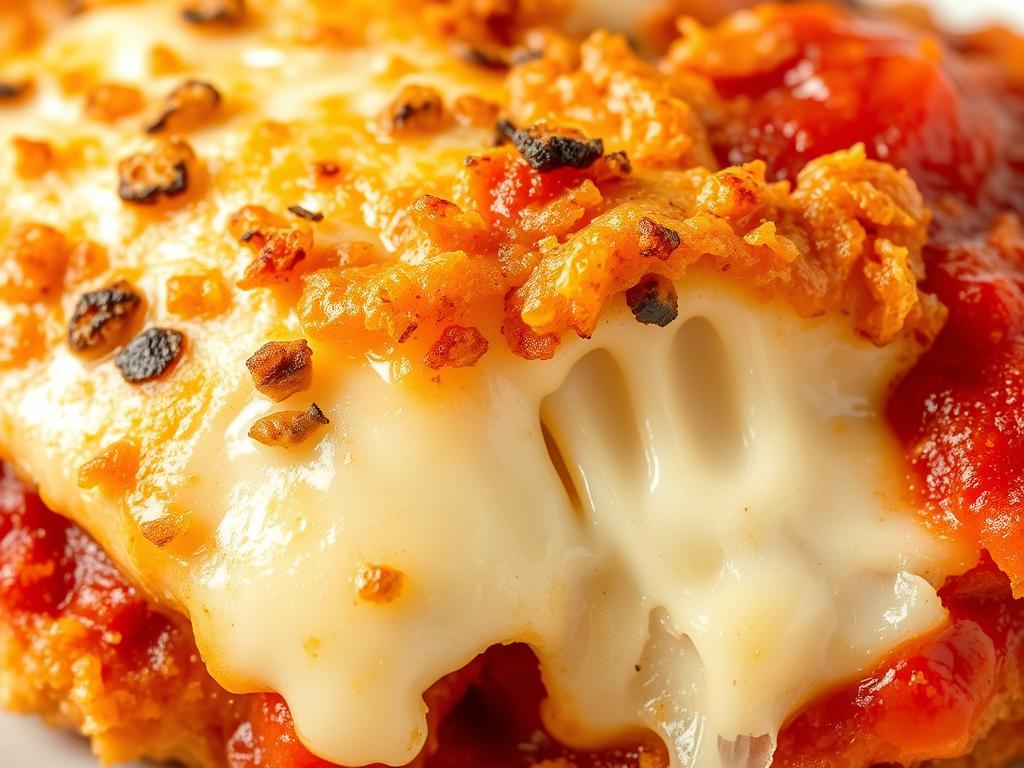 Close-up of chicken parmesan showing crispy crust and melted cheese Close-up of chicken parmesan showing crispy crust and melted cheese