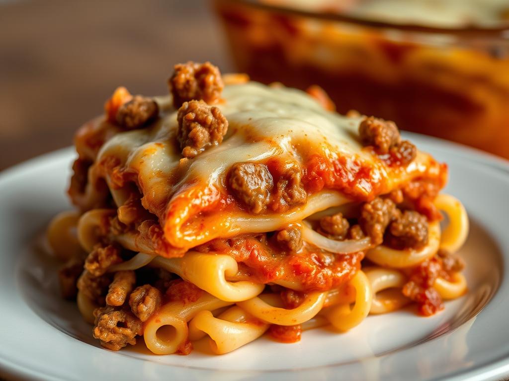 Close-up of meat lover's Baked Ziti Recipes showing the layers Close-up of meat lover's Baked Ziti Recipes showing the layers