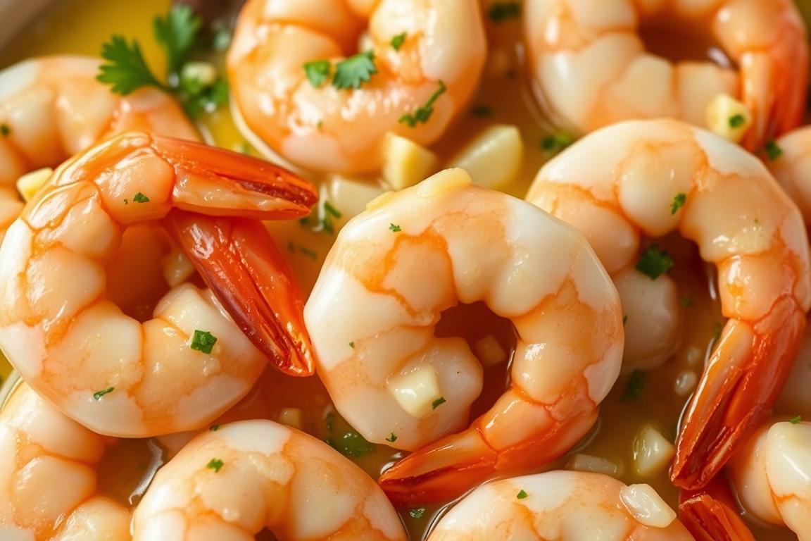 Close-up of perfectly cooked pink shrimp in garlic butter sauce