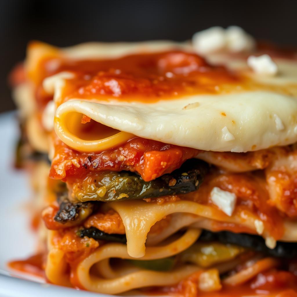 Close-up of vegetarian lasagna showing layers of pasta, vegetables and cheese Close-up of vegetarian lasagna showing layers of pasta, vegetables and cheese