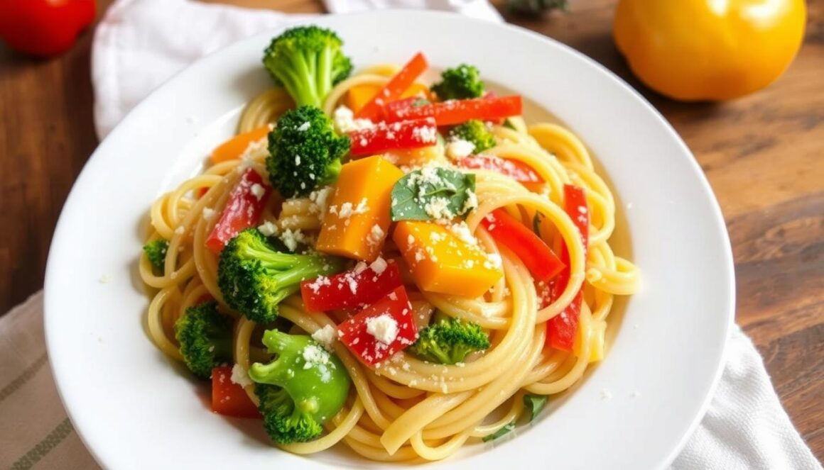 Colorful pasta primavera with seasonal vegetables in a white bowl