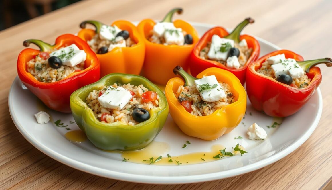 Colorful stuffed bell peppers filled with rice mixture and topped with melted cheese