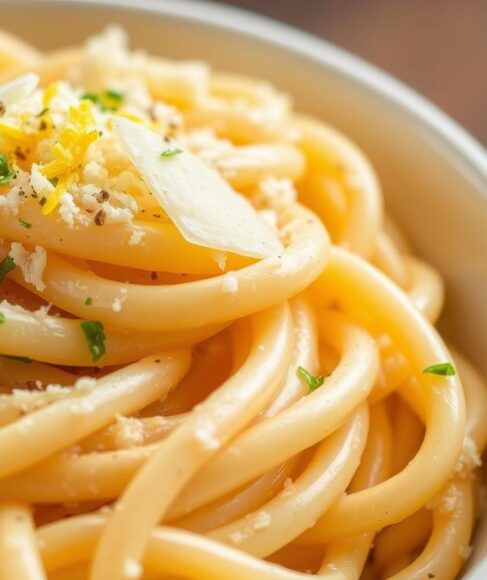 Creamy garlic lemon pasta in a white bowl garnished with parmesan cheese and lemon zest