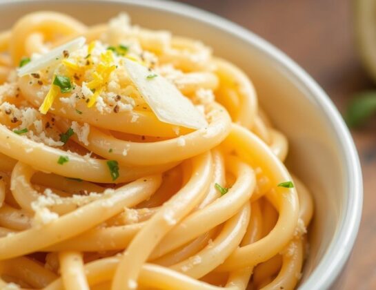 Creamy garlic lemon pasta in a white bowl garnished with parmesan cheese and lemon zest