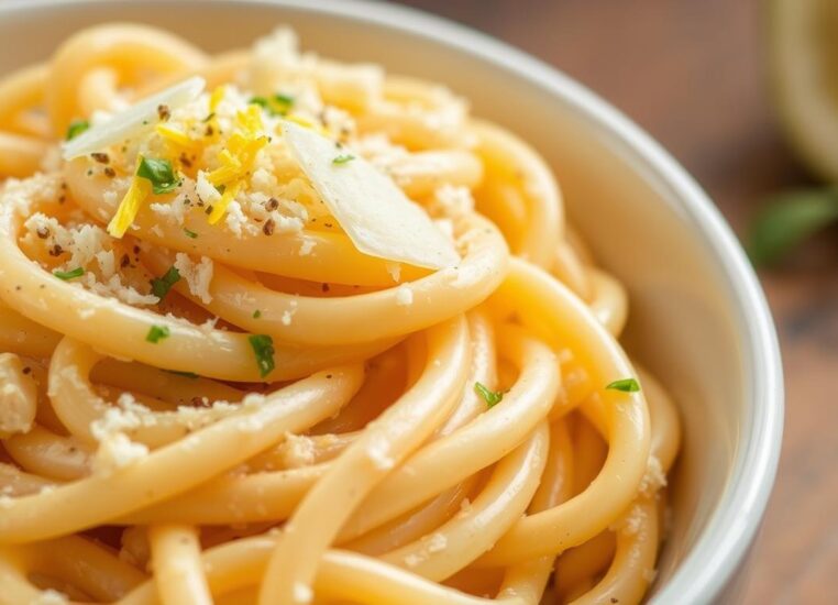 Creamy garlic lemon pasta in a white bowl garnished with parmesan cheese and lemon zest