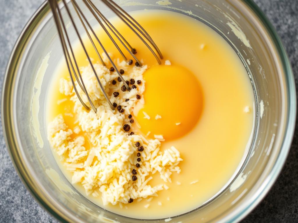 Egg and cheese mixture being whisked in a bowl for Spaghetti Carbonara Egg and cheese mixture being whisked in a bowl for Spaghetti Carbonara