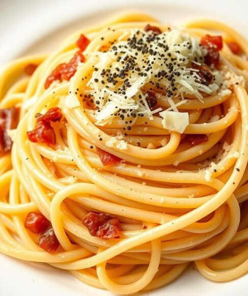 Finished Spaghetti Carbonara served on a plate with extra cheese and black pepper