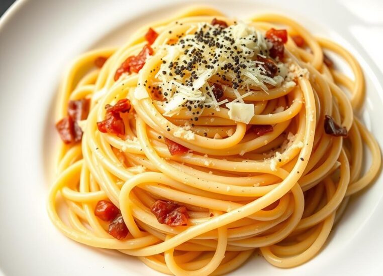 Finished Spaghetti Carbonara served on a plate with extra cheese and black pepper
