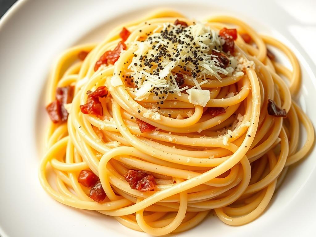 Finished Spaghetti Carbonara served on a plate with extra cheese and black pepper Finished Spaghetti Carbonara served on a plate with extra cheese and black pepper