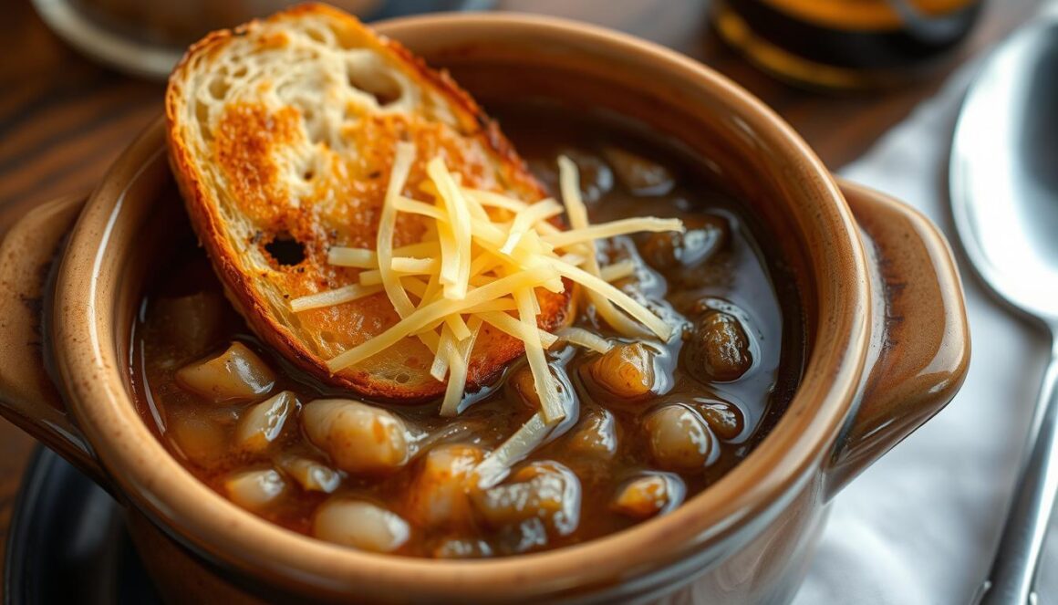 French onion soup in a crock bowl with melted cheese and bread on top