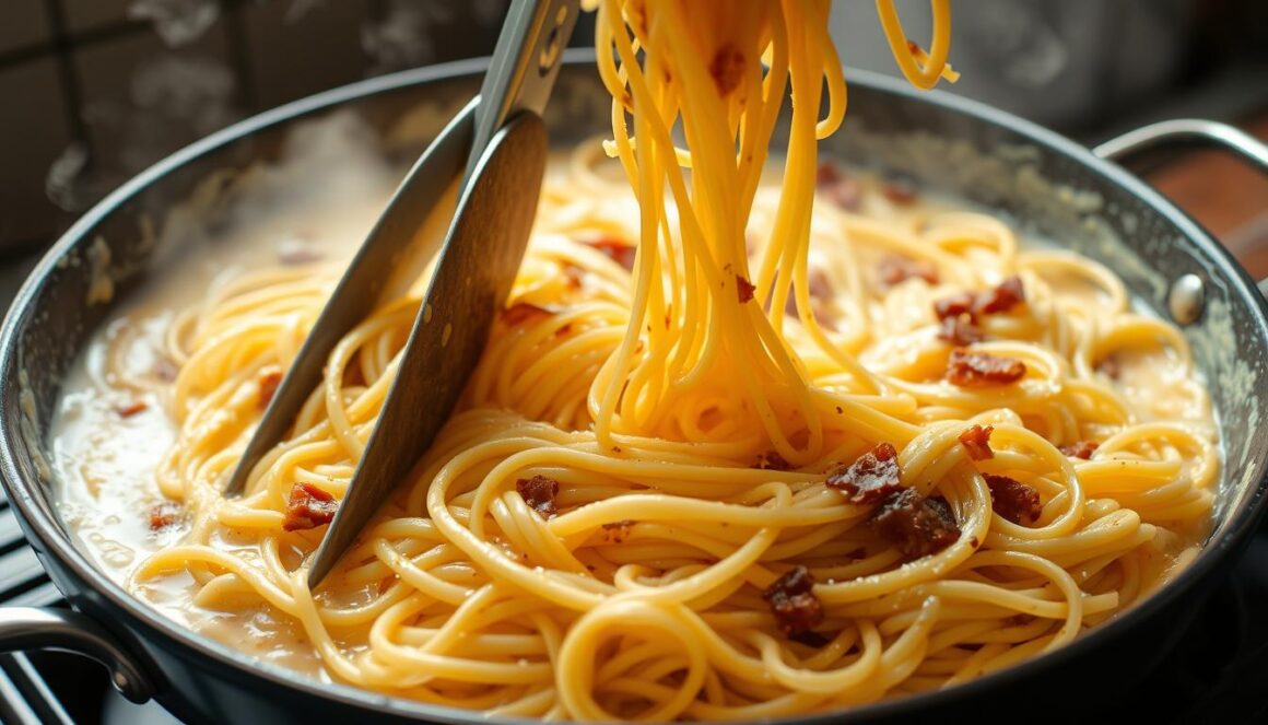 Hot pasta being tossed with egg mixture to create creamy Spaghetti Carbonara sauce Hot pasta being tossed with egg mixture to create creamy Spaghetti Carbonara sauce
