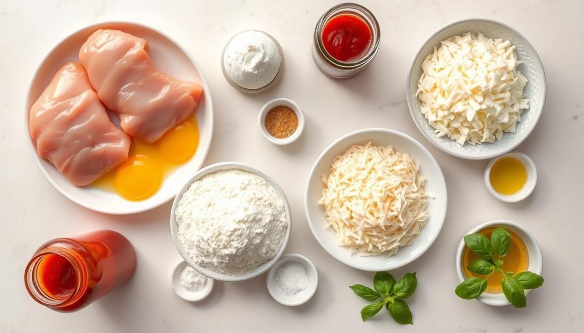 Ingredients for Chicken Parmesan laid out on a kitchen counter Ingredients for Chicken Parmesan laid out on a kitchen counter