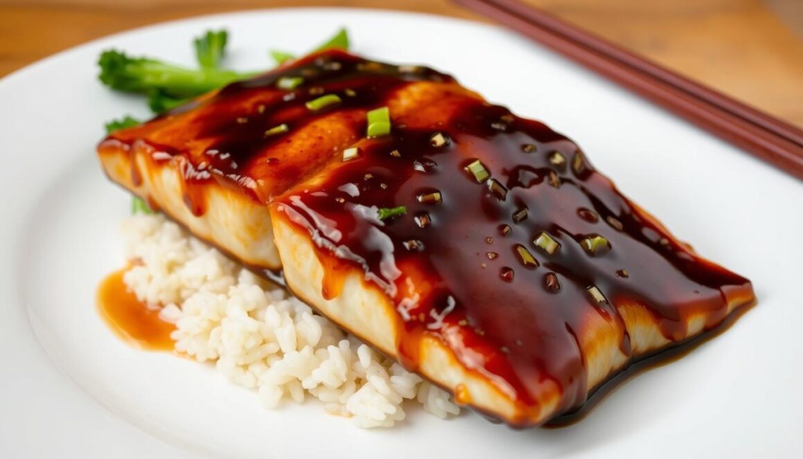 Miso-glazed fish fillet on a plate with rice and vegetables