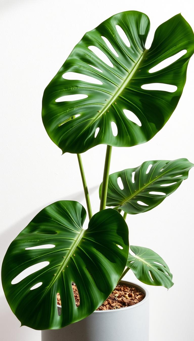 Monstera with large, glossy green leaves with characteristic splits and holes - ideal for indoor plant beginners Monstera with large, glossy green leaves with characteristic splits and holes - ideal for indoor plant beginners