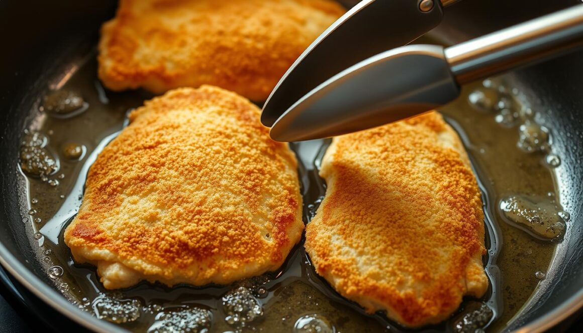 Pan-frying breaded chicken cutlets until golden brown Pan-frying breaded chicken cutlets until golden brown