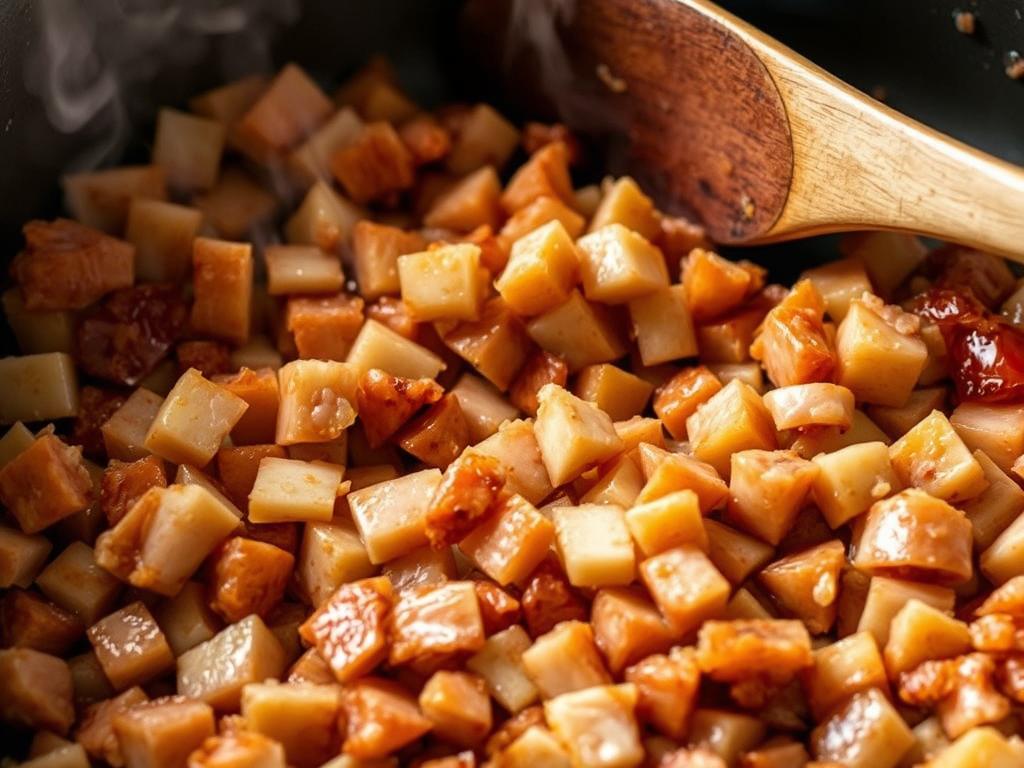 Pancetta cooking in a skillet until crispy and golden brown Pancetta cooking in a skillet until crispy and golden brown
