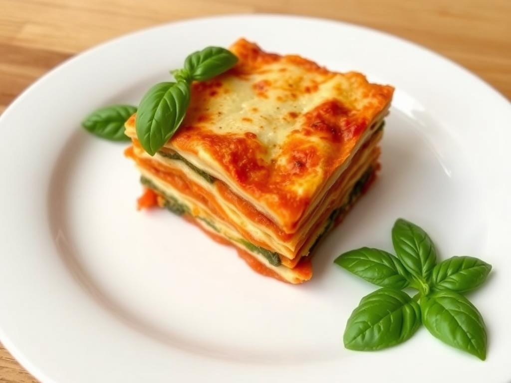 Perfectly sliced portion of vegetarian lasagna on a plate Perfectly sliced portion of vegetarian lasagna on a plate