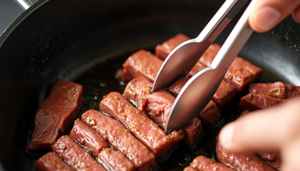 Properly seared beef strips for stroganoff Properly seared beef strips for stroganoff