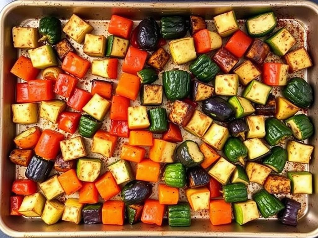 Roasted vegetables for vegetarian lasagna on a baking sheet Roasted vegetables for vegetarian lasagna on a baking sheet