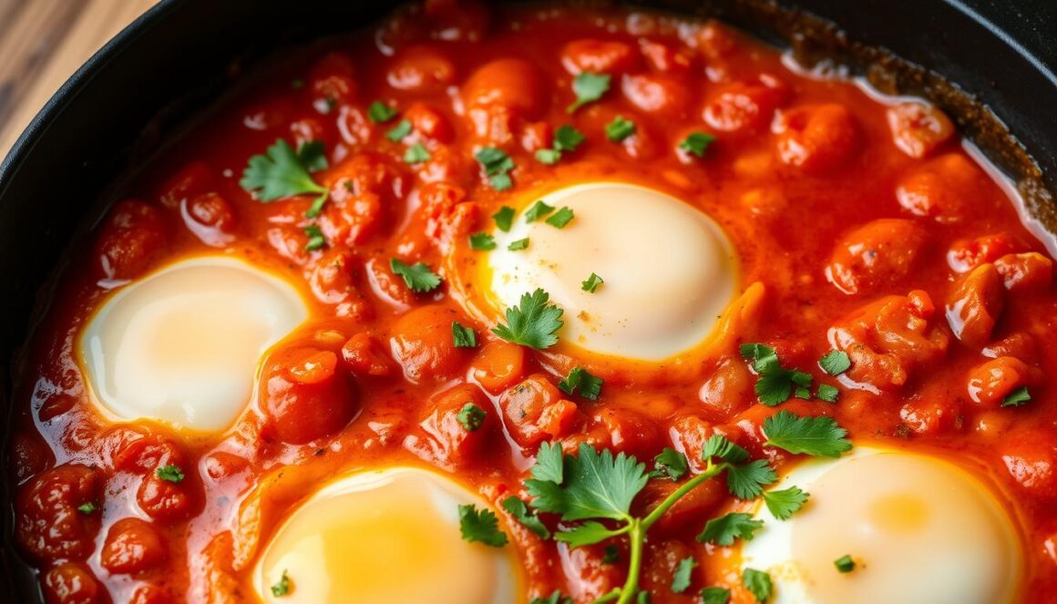 Shakshuka in a cast iron skillet with eggs poached in tomato sauce
