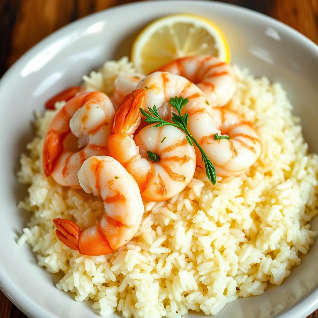 Shrimp scampi served over white rice