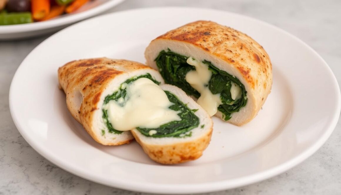 Sliced spinach and mozzarella stuffed chicken breast on a plate with side vegetables
