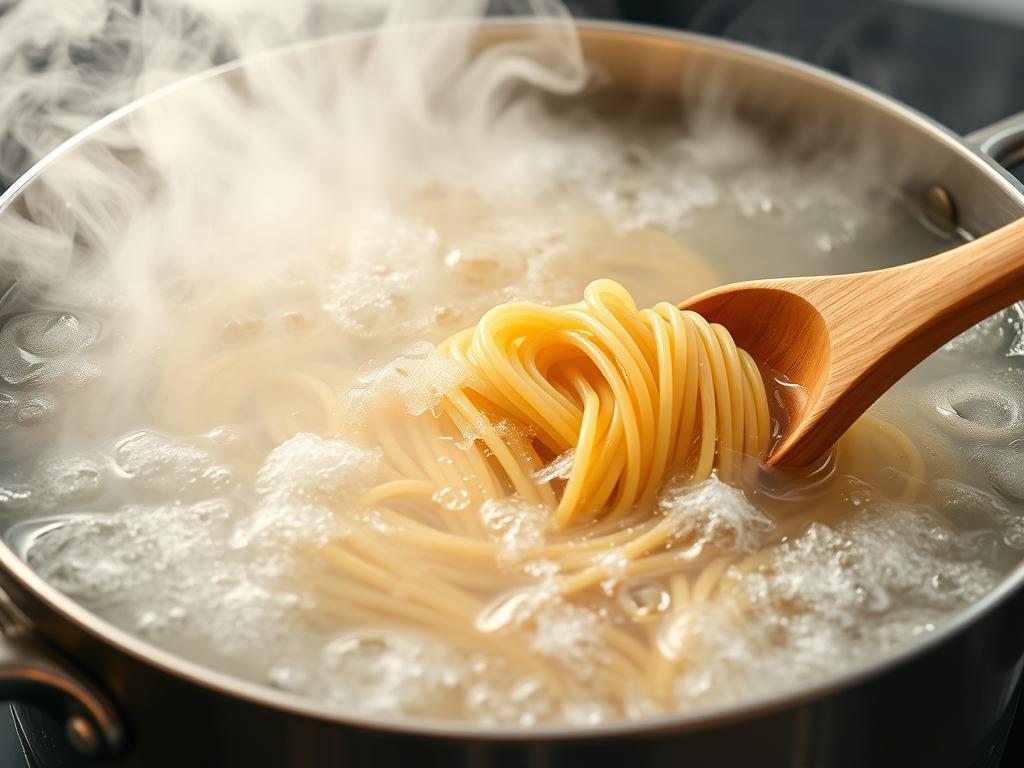 Spaghetti cooking in a large pot of boiling water Spaghetti cooking in a large pot of boiling water