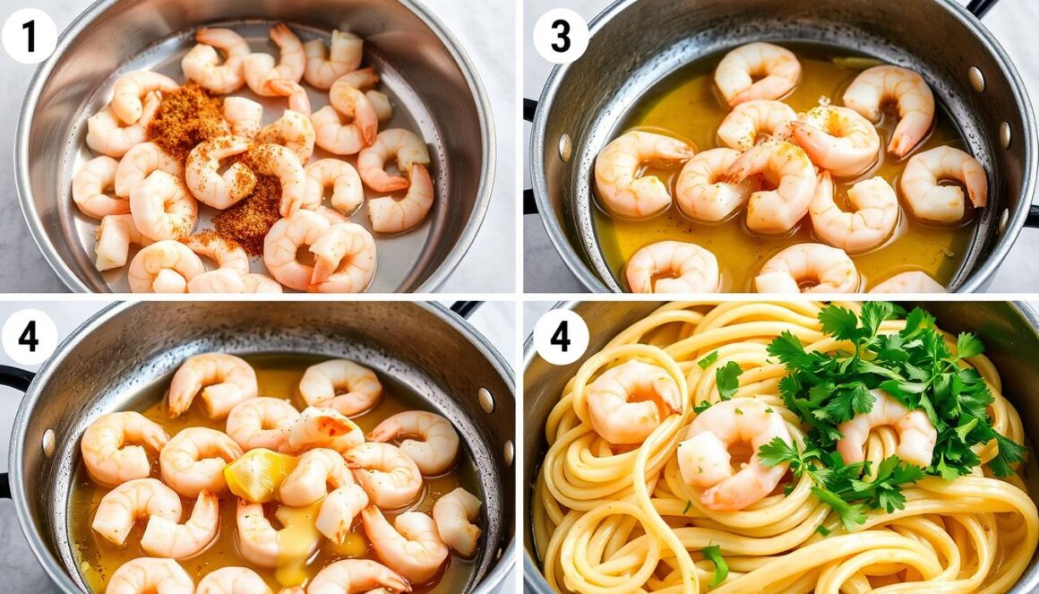 Step-by-step process of cooking shrimp scampi in a skillet