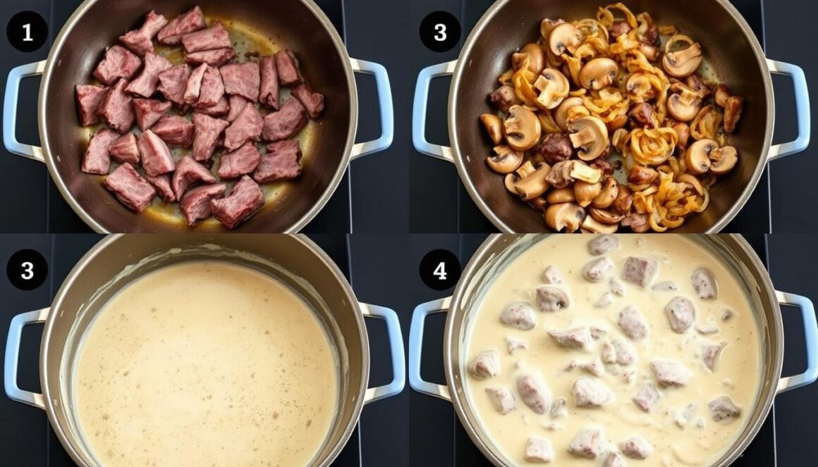 Step by step process of making beef stroganoff Step by step process of making beef stroganoff