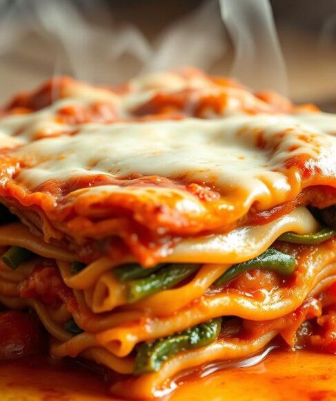 Vegetarian lasagna with melty cheese and layers of vegetables