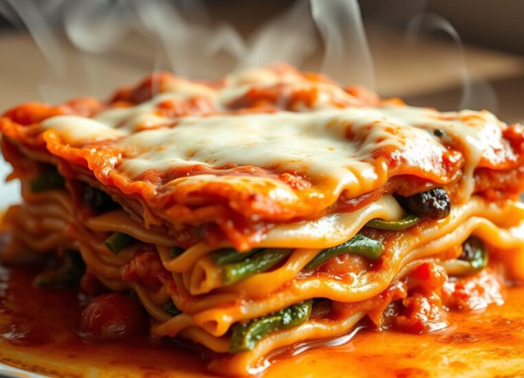 Vegetarian lasagna with melty cheese and layers of vegetables