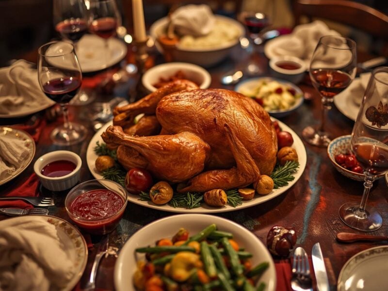 A beautifully set Thanksgiving table with turkey and side dishes