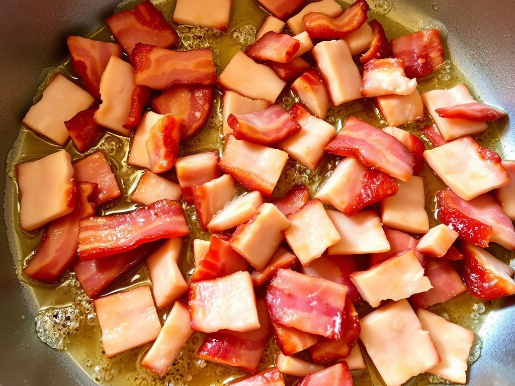 Bacon pieces cooking in a skillet until crispy