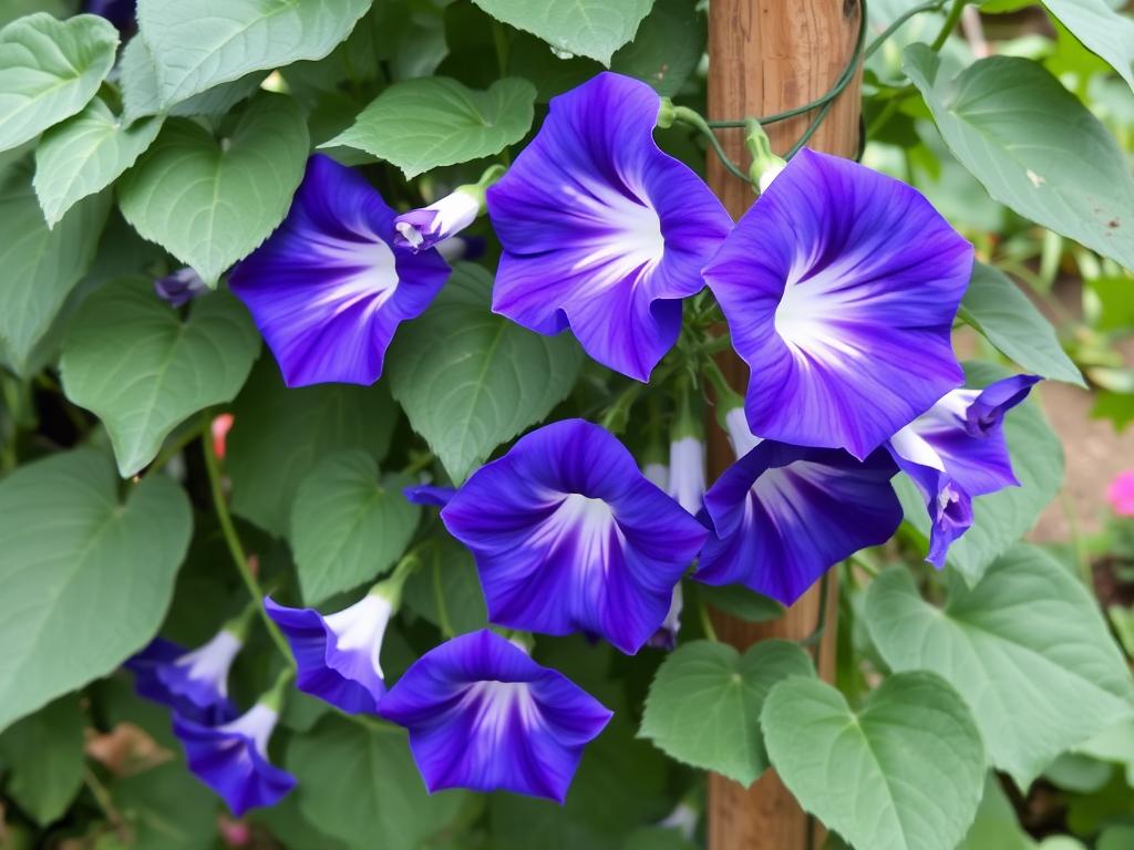 Blue and purple morning glory flowers climbing on a trellis with heart-shaped leaves Blue and purple morning glory flowers climbing on a trellis with heart-shaped leaves