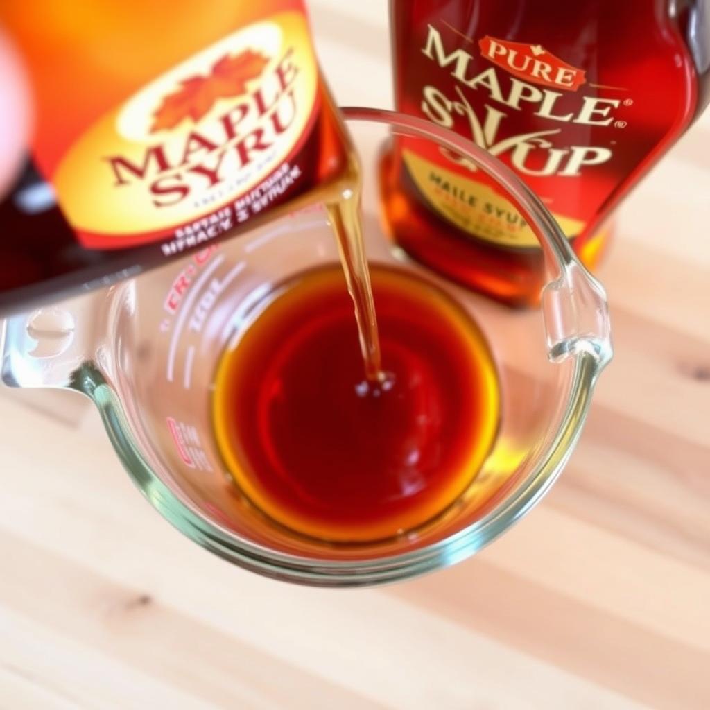 Bottle of pure maple syrup being poured into a measuring cup