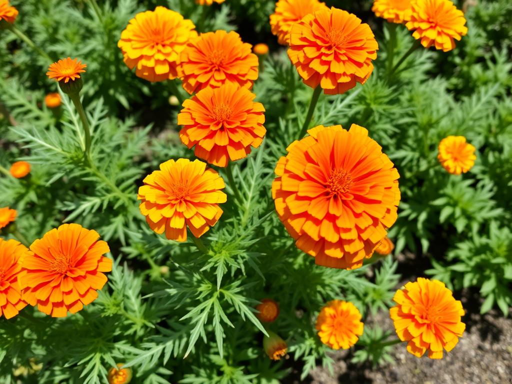 Bright orange and yellow marigold flowers growing in a garden bed Bright orange and yellow marigold flowers growing in a garden bed