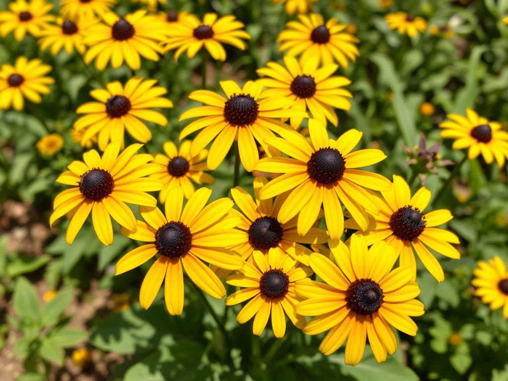 Bright yellow Black-Eyed Susan flowers with dark centers growing in a sunny garden Bright yellow Black-Eyed Susan flowers with dark centers growing in a sunny garden