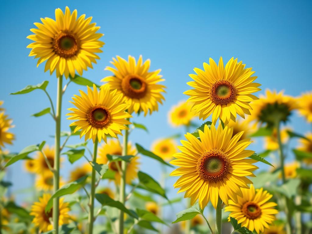 Bright yellow sunflowers of different heights growing in a sunny garden Bright yellow sunflowers of different heights growing in a sunny garden