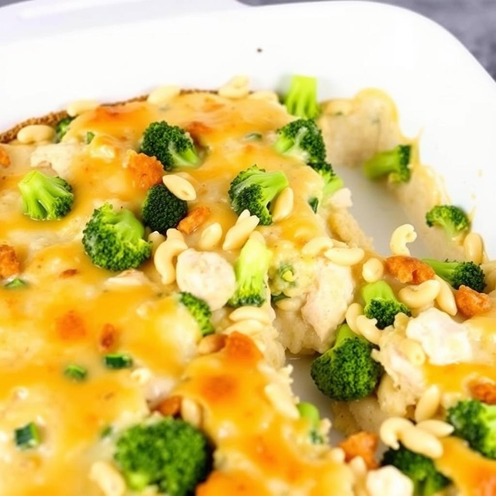 Chicken and Rice Casserole with broccoli florets mixed in