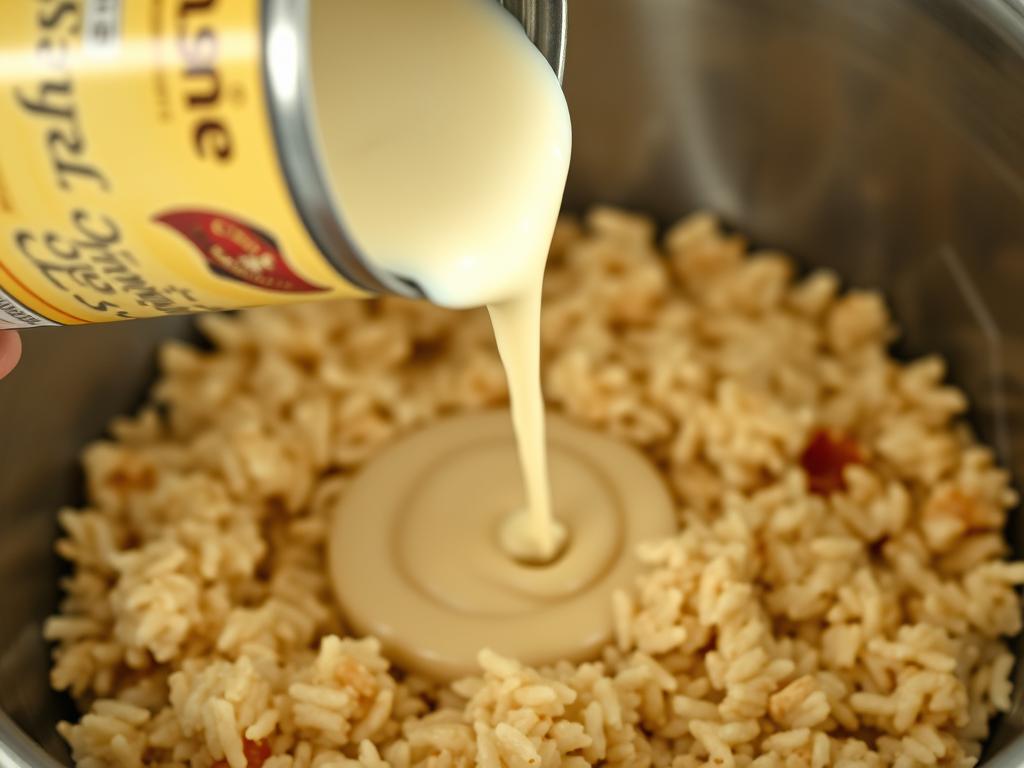 Close-up of cream of chicken soup being added to the rice mixture